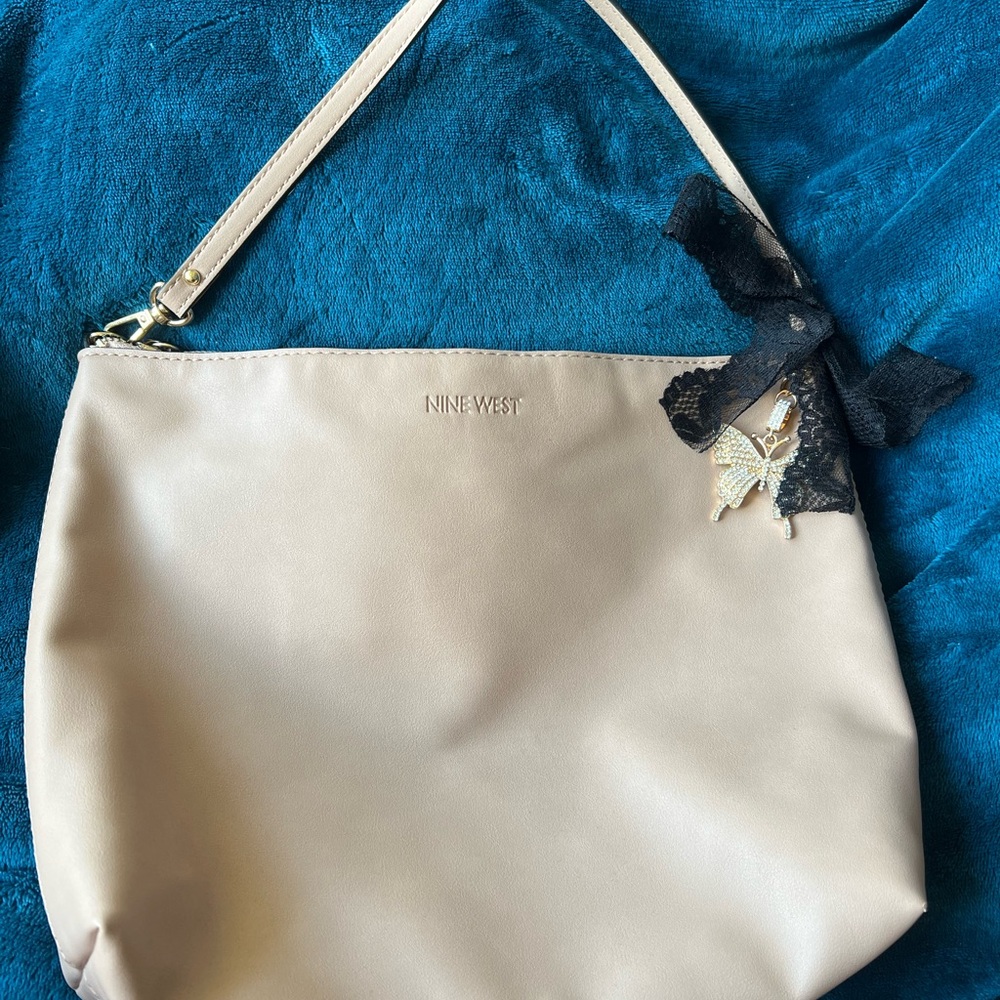 Nine West Beige Shoulder Bag with Black Lace Accent